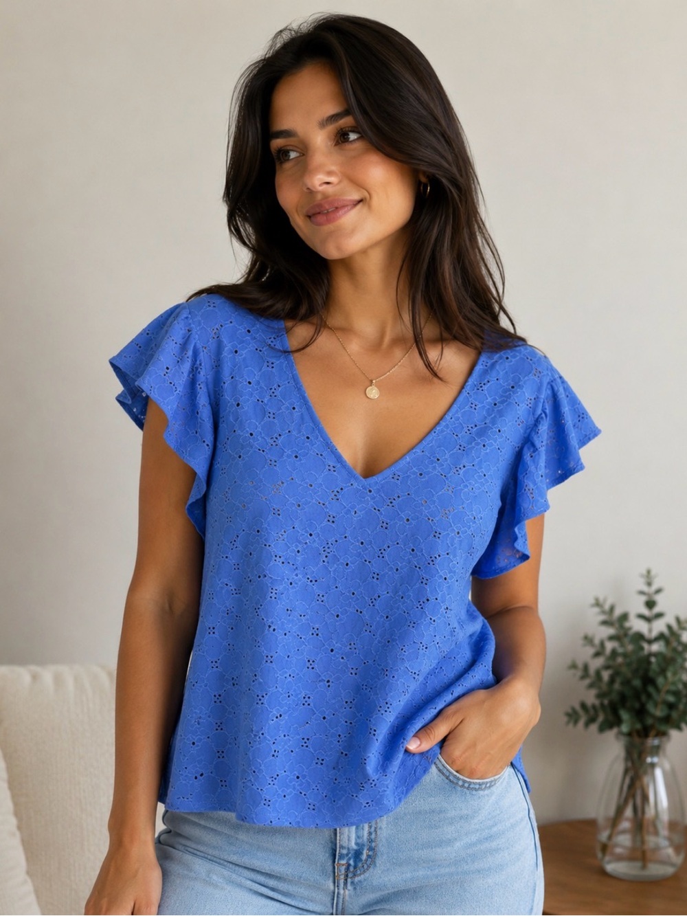 MK Blue Eyelet V-Neck Flutter Sleeve Top